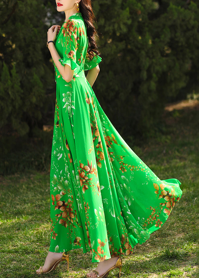 Green Ruffled Print Chiffon Maxi Dresses Summer