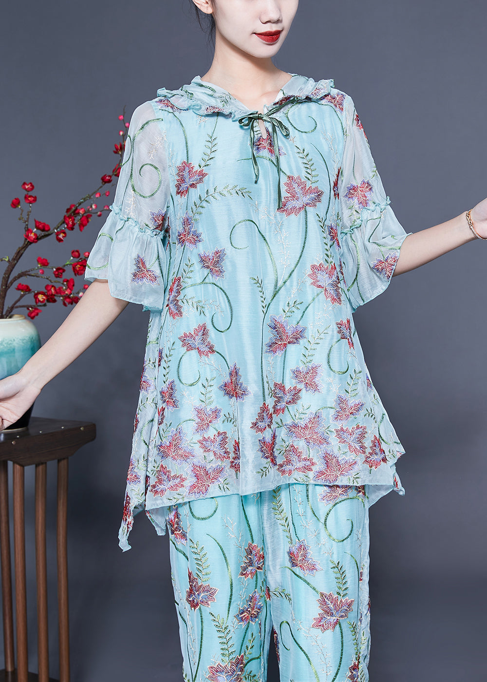 Light Blue Hooded Ruffled Embroideried Silk Two Pieces Set Flare Sleeve