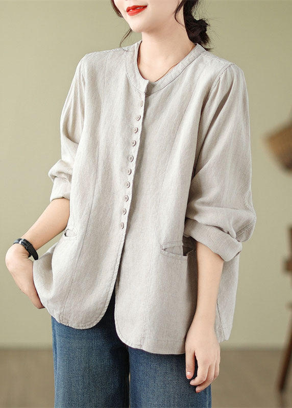 Linen O-neck Pockets Button Shirt Fall