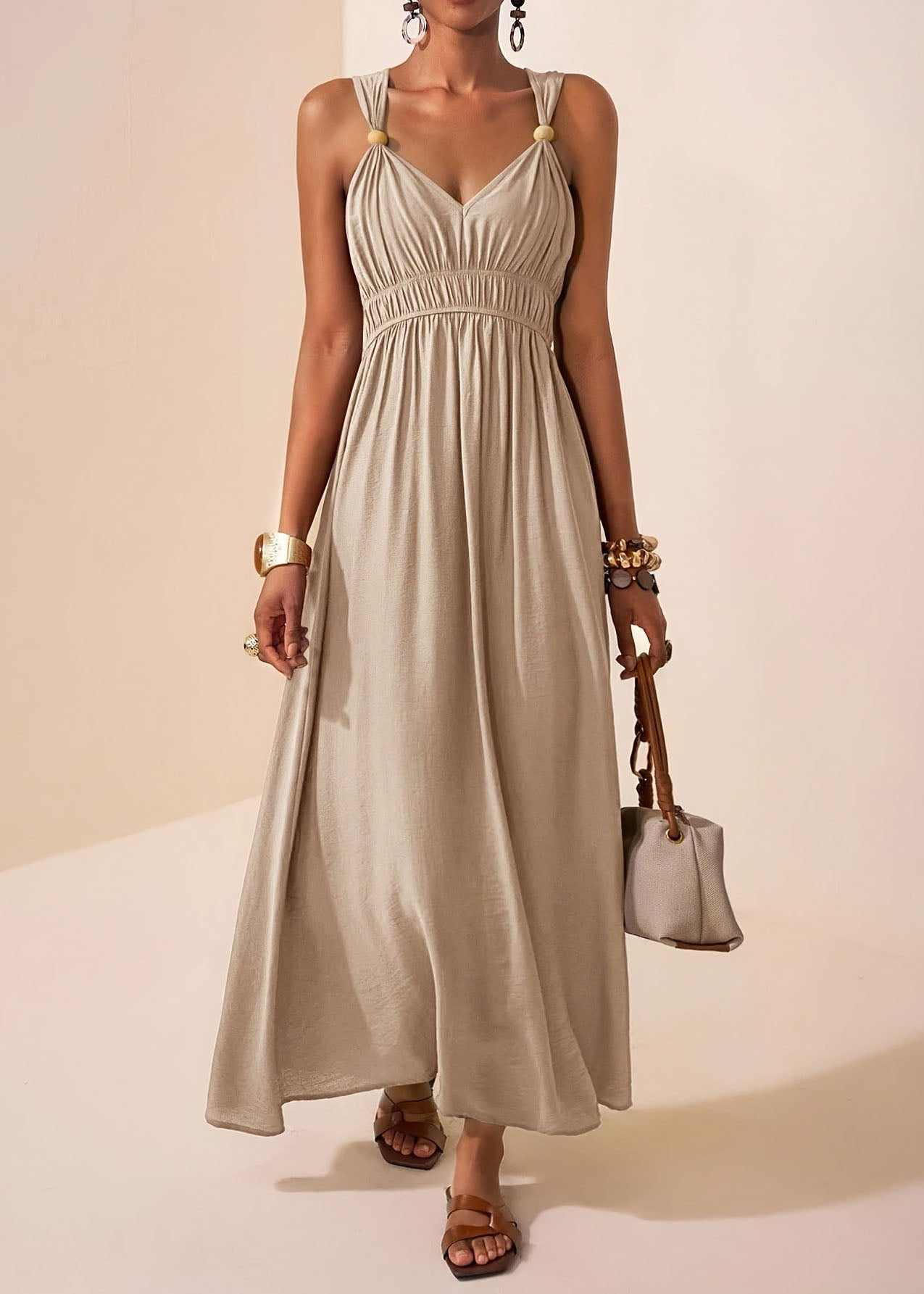 Mulberry V Neck Patchwork Cotton Maxi Dress Sleeveless
