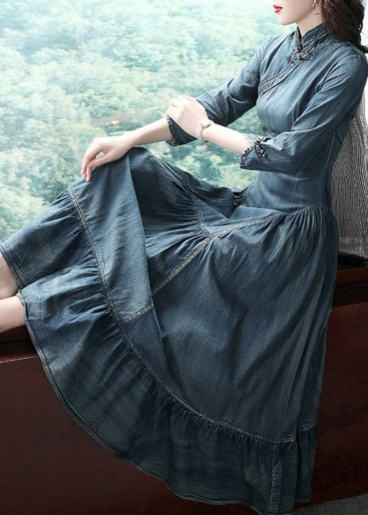 Navy Stand Collar Asymmetrical Design Ruffles Cotton Denim Dresses Long Sleeve