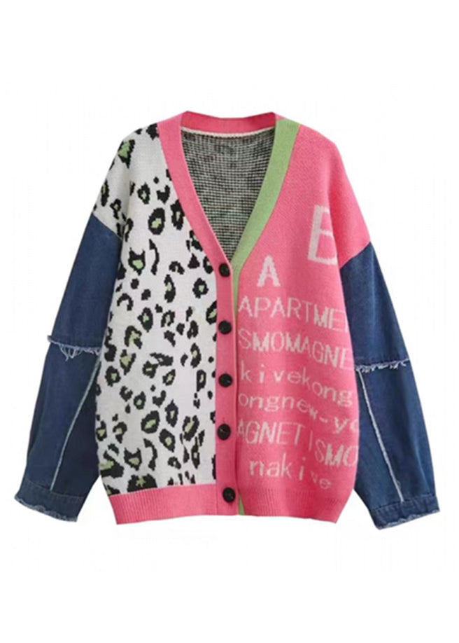 Pink V Neck Print Denim Patchwork Knit Cardigan Spring