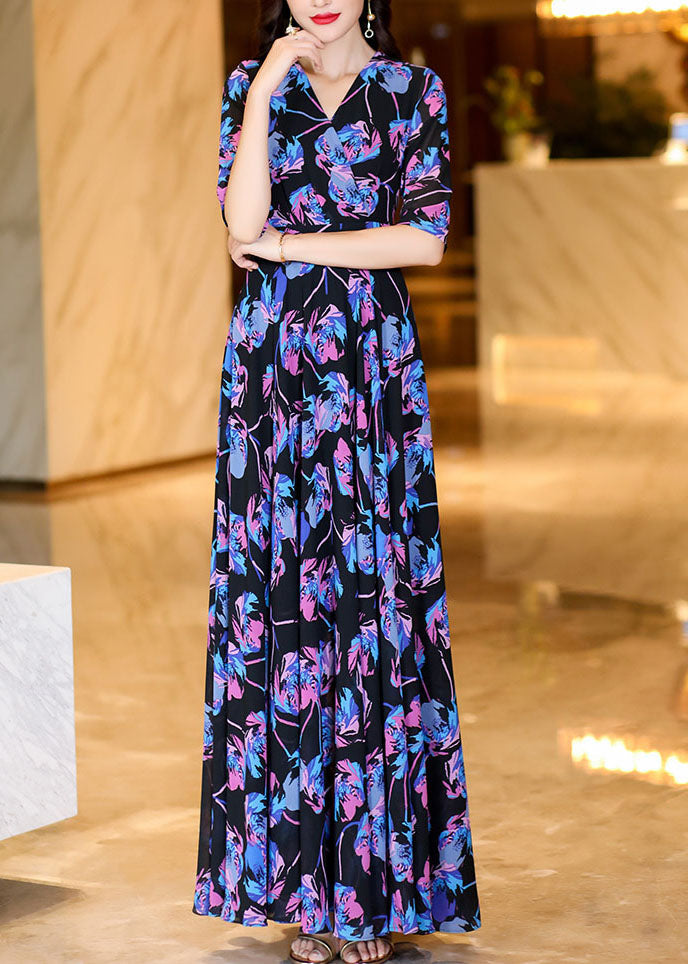 Print High Waist Holiday Chiffon Maxi Dress Half Sleeve