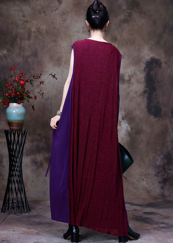 Purple Patchwork O-neck Silk Fake Two Piece Long Dresses Sleeveless