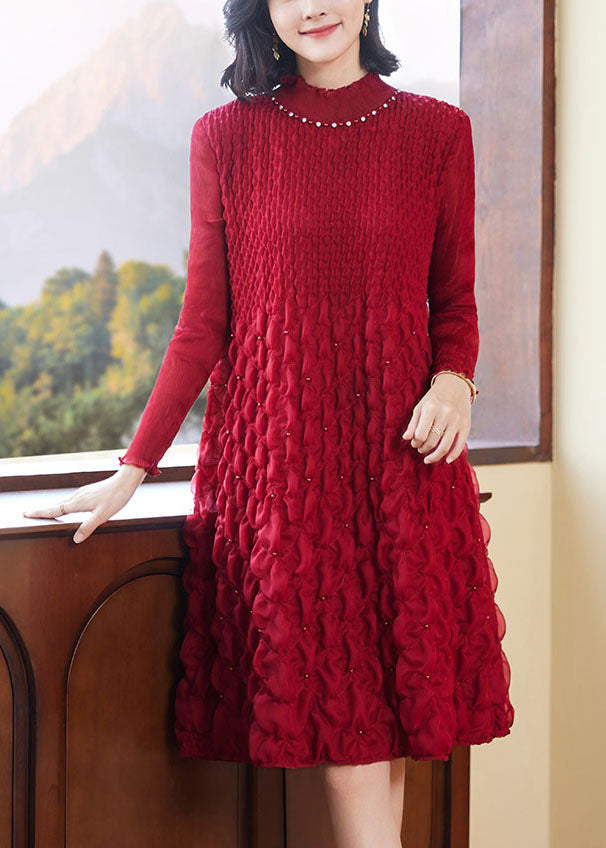 Purple Stand Collar Zircon Wrinkled Mid Dresses Fall