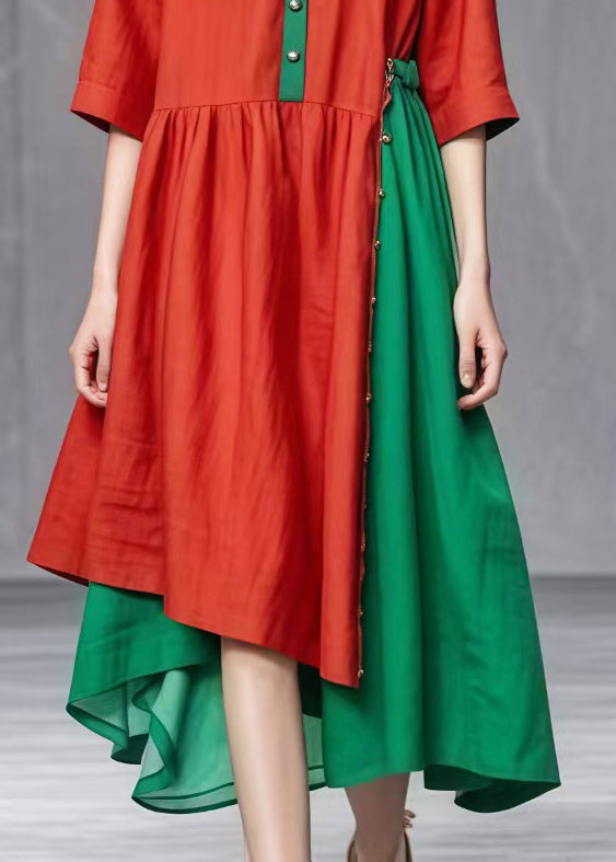 Red Asymmetrical Patchwork Cotton Dresses Summer
