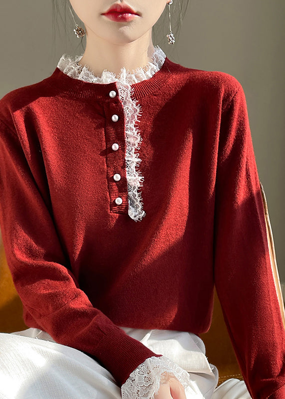 Red Lace Patchwork Wool Knit Sweaters Fall