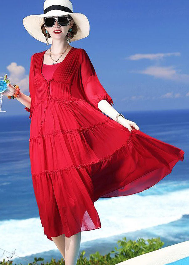 Red Patchwork Silk Two Pieces Set Beach Holiday Dress Summer