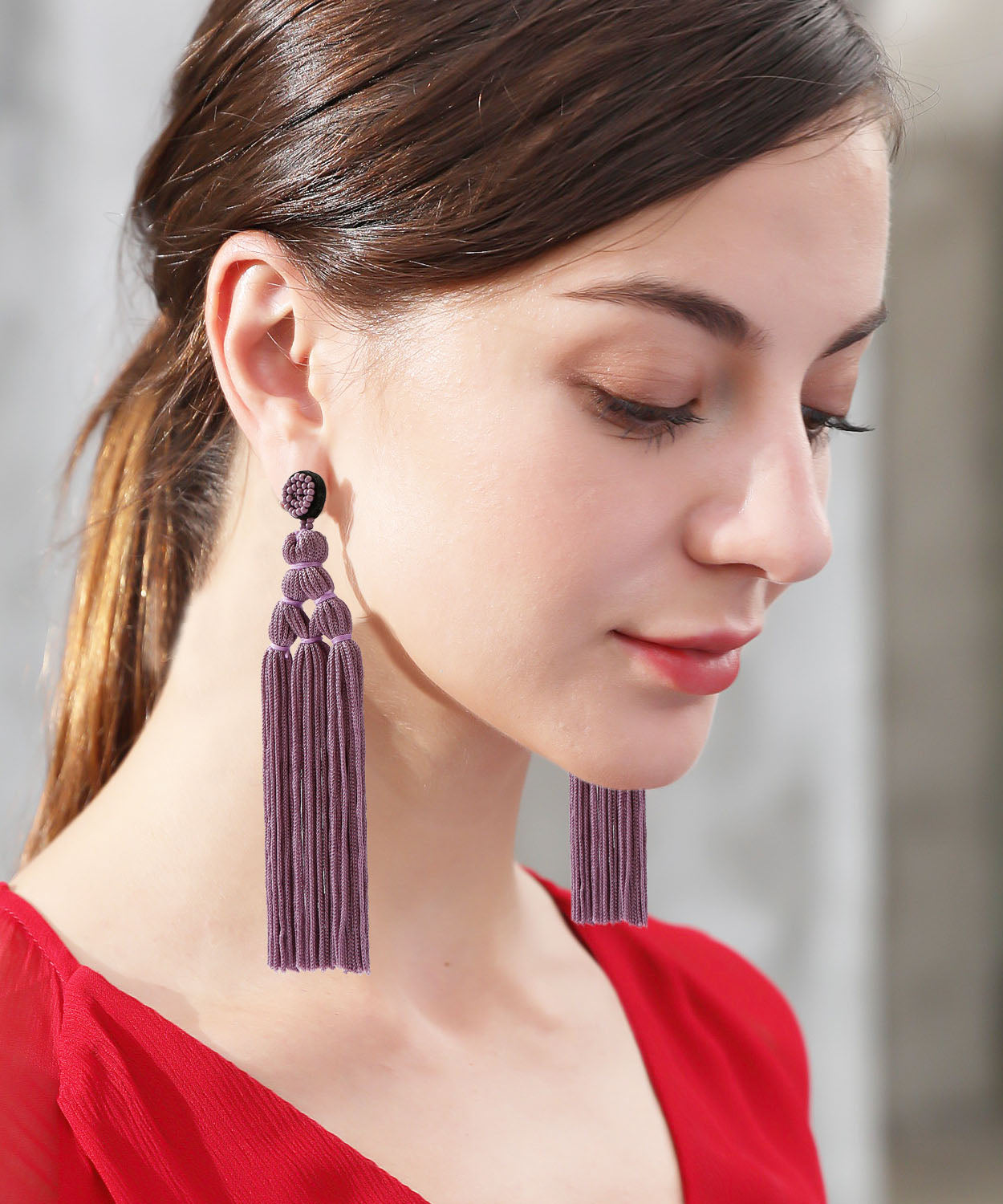 Red Rice Ball Knit Fabric Silk Cotton Tassel Drop Earrings