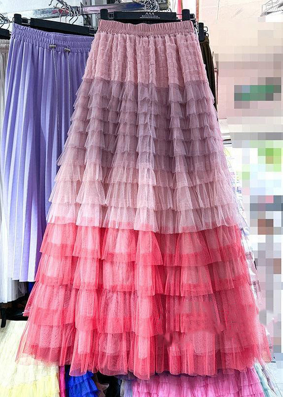Rose Gradient Color Wrinkled Elastic Waist Tulle Skirt Summer