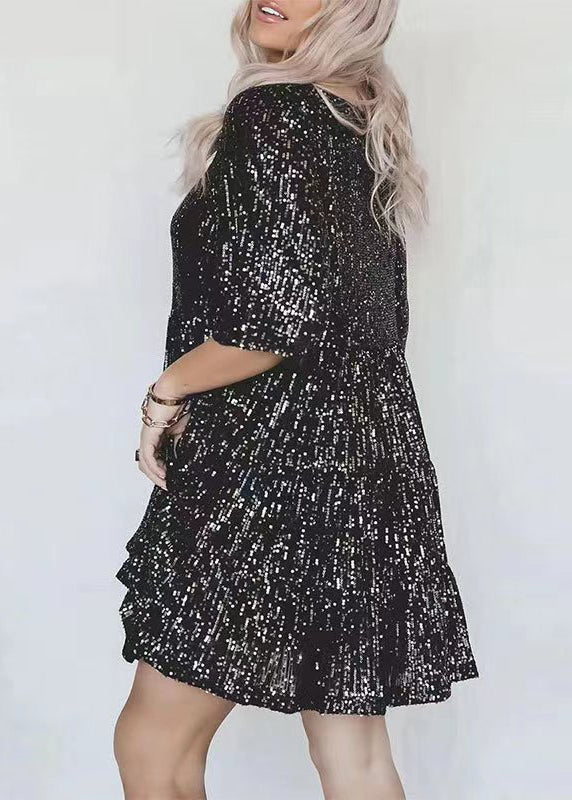 Silver O Neck Sequins Cotton Mid Dress Summer