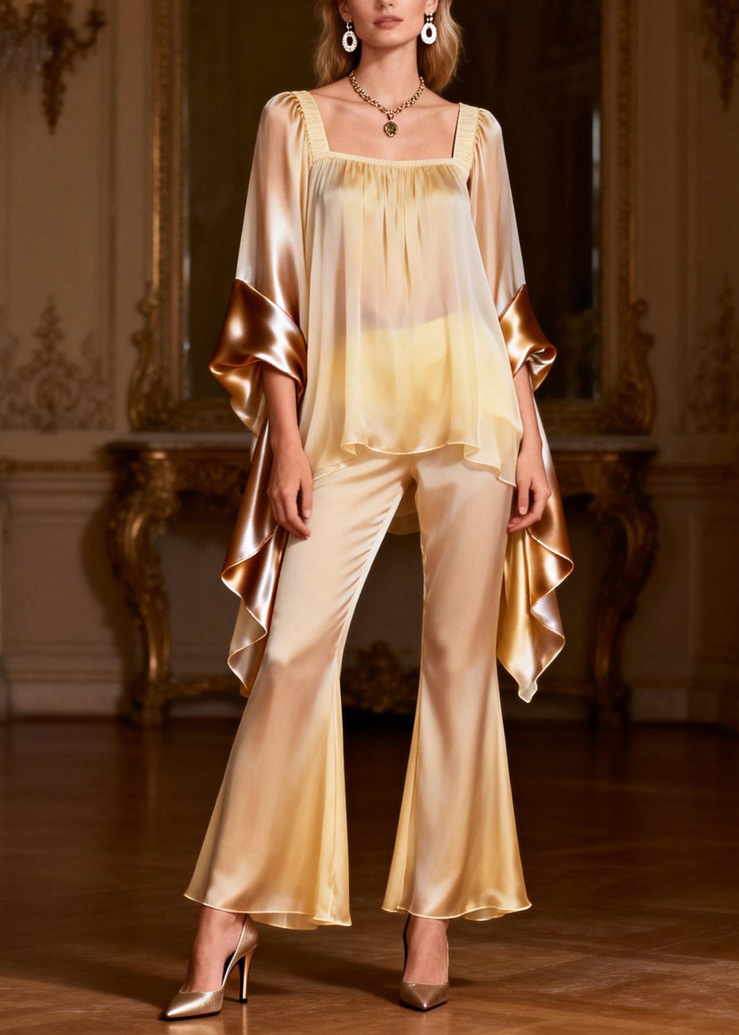 Square Collar Patchwork Silk Two Pieces Set Summer
