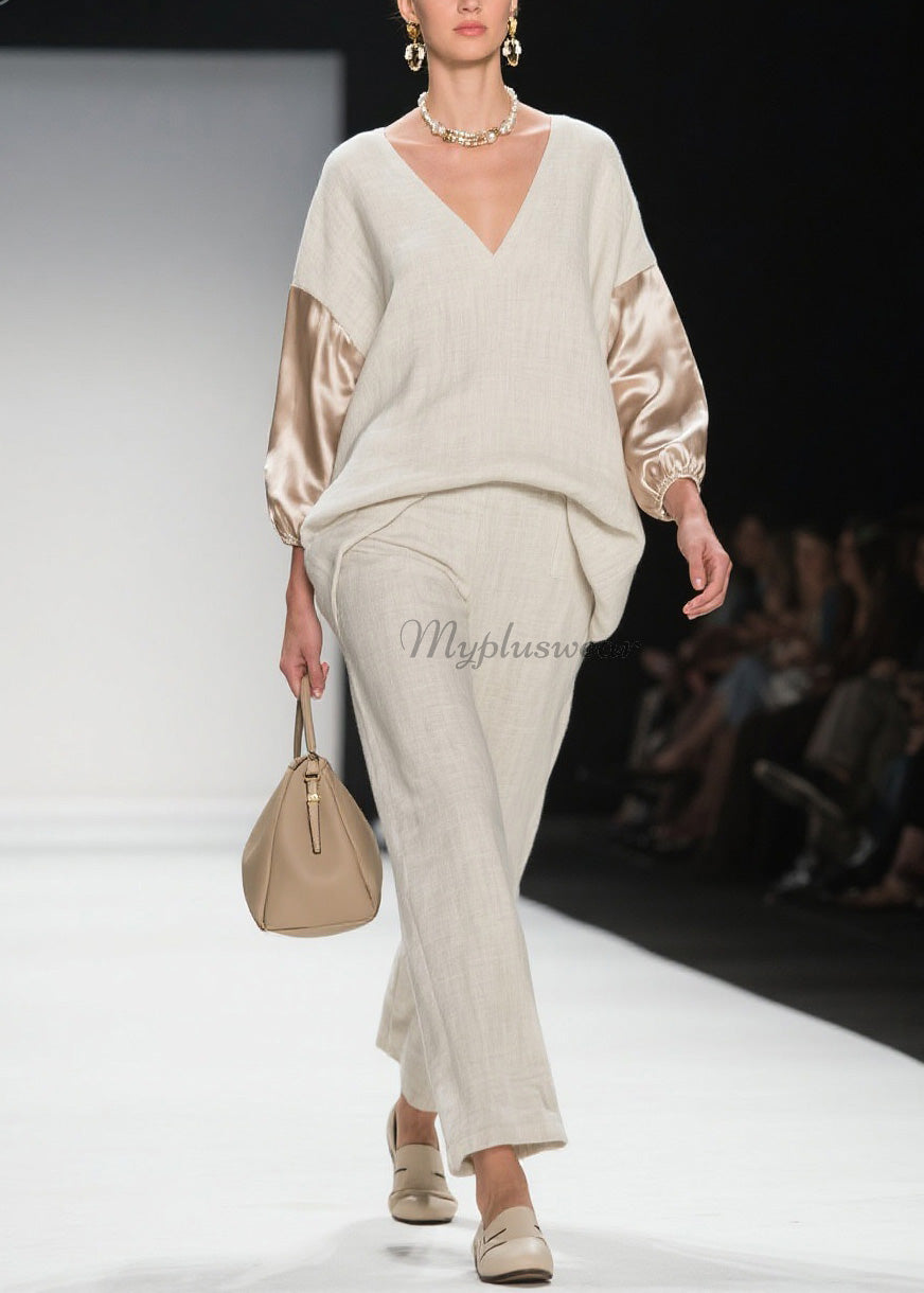 V Neck Patchwork Linen Silk Two Pieces Set Spring