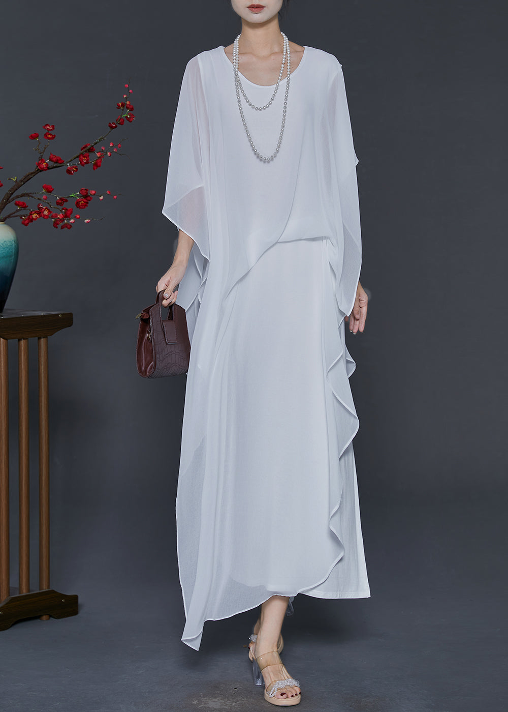 White Cold Shoulder Asymmetrical Design Chiffon Vacation Dresses Summer
