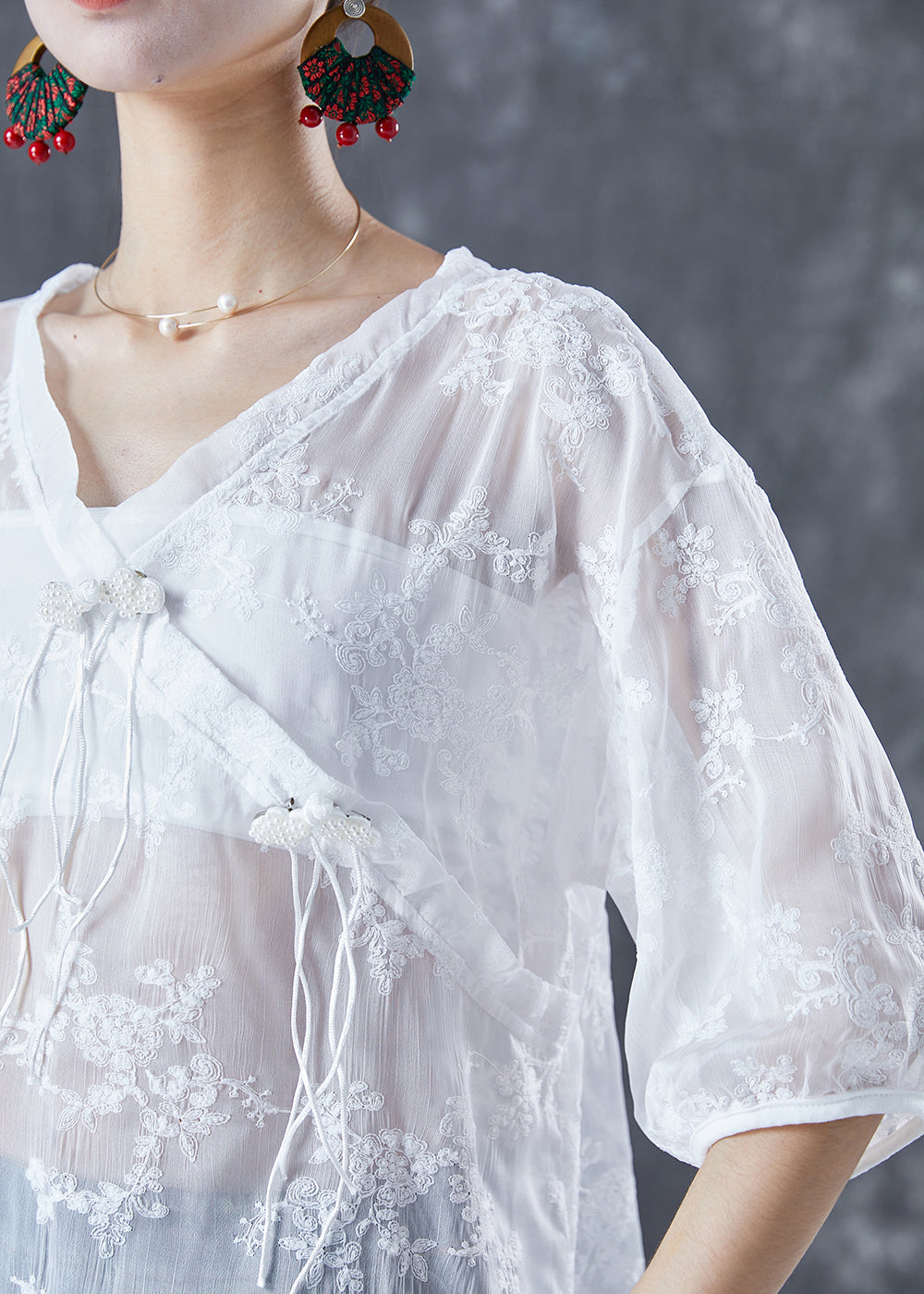 White Embroideried Tassel Tulle Shirt Tops Summer
