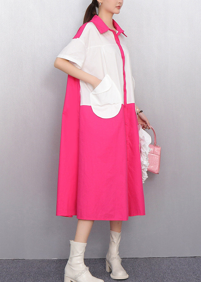 White Pocket Cascading Ruffle Rose Shirt Dress Summer