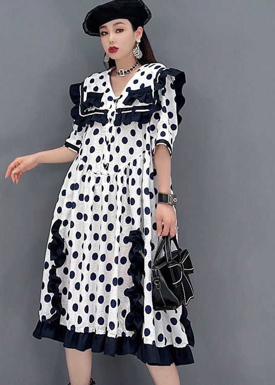 White Sailor Collar Ruffled Patchwork Dot Print Mid Dresses Short Sleeve
