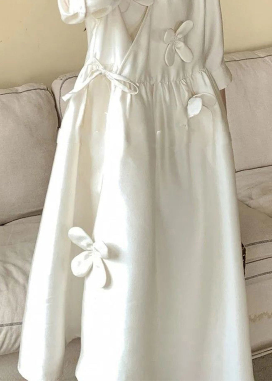 White V Neck Lace Up Cotton Long Dress Summer
