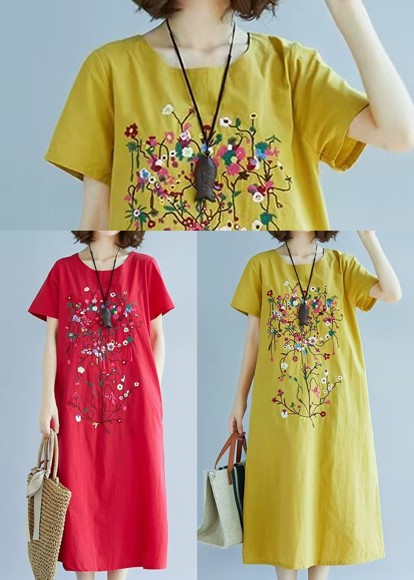 Yellow Fine Embroidered Linen Dress Summer