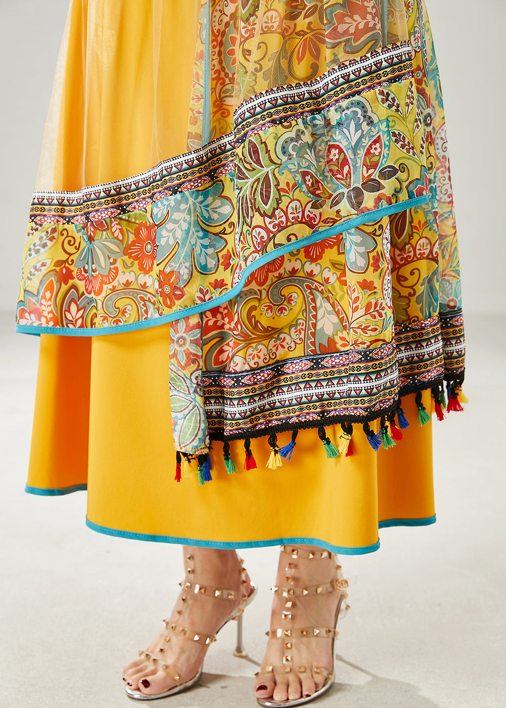 Yellow Tasseled Patchwork Tulle Skirt Summer