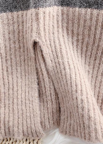 Chunky Gray Heart Print Knit Tops Oversize High Neck Patchwork Knitted Top