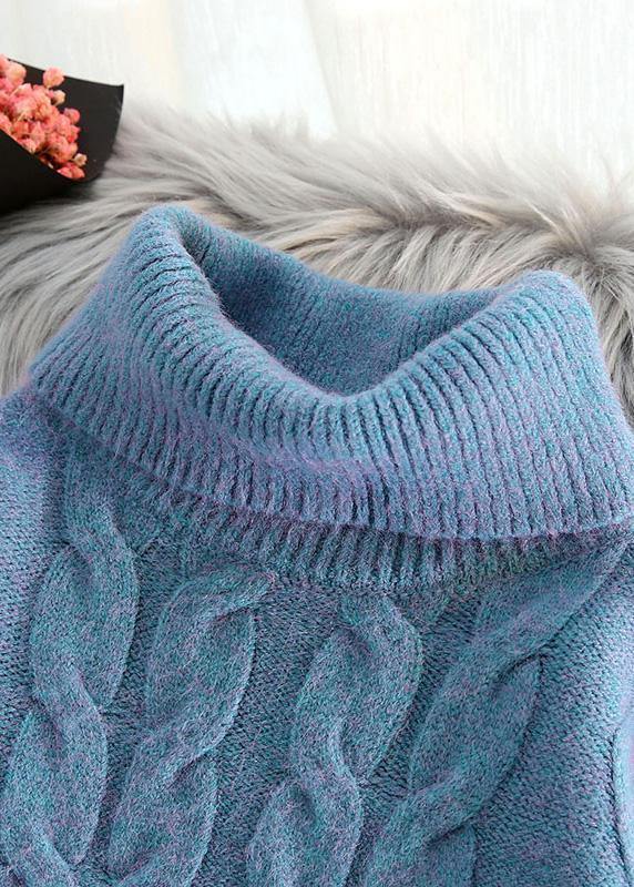 Chunky Blue Knit Tops Cable High Neck Knitwear