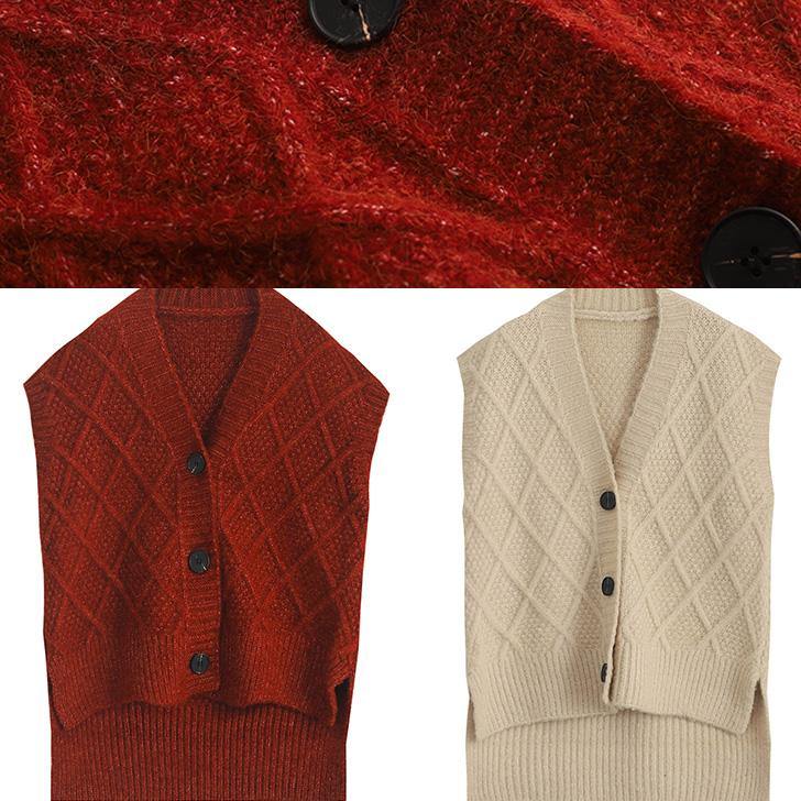 Chunky Sleeveless Beige Knitwear V Neck Knit Blouse