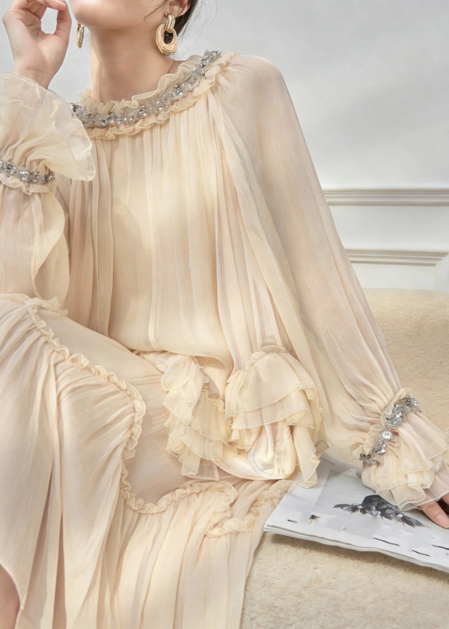 Classy Apricot Turtleneck Wrinkled Silk Shirt and Maxi Skirts Spring