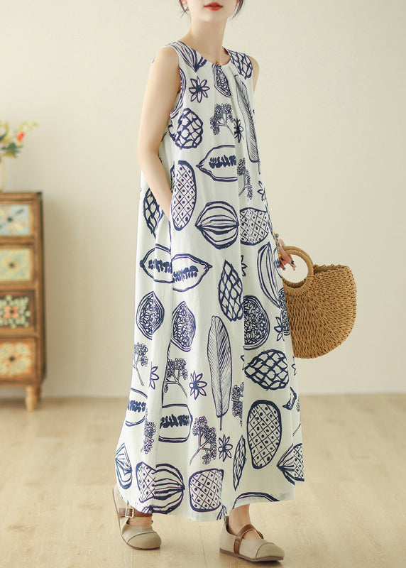 Classy Beige O-neck Print Holiday Long Dress Summer