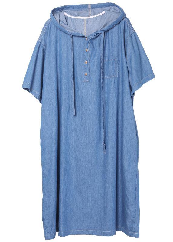 Classy Blue Hooded Button Denim Dress Summer