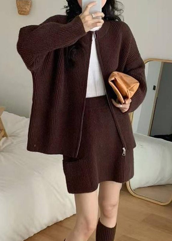 Classy Coffee Zippered Patchwork Cotton Knit Sweaters, Top and Skirts Three Pieces Set Fall