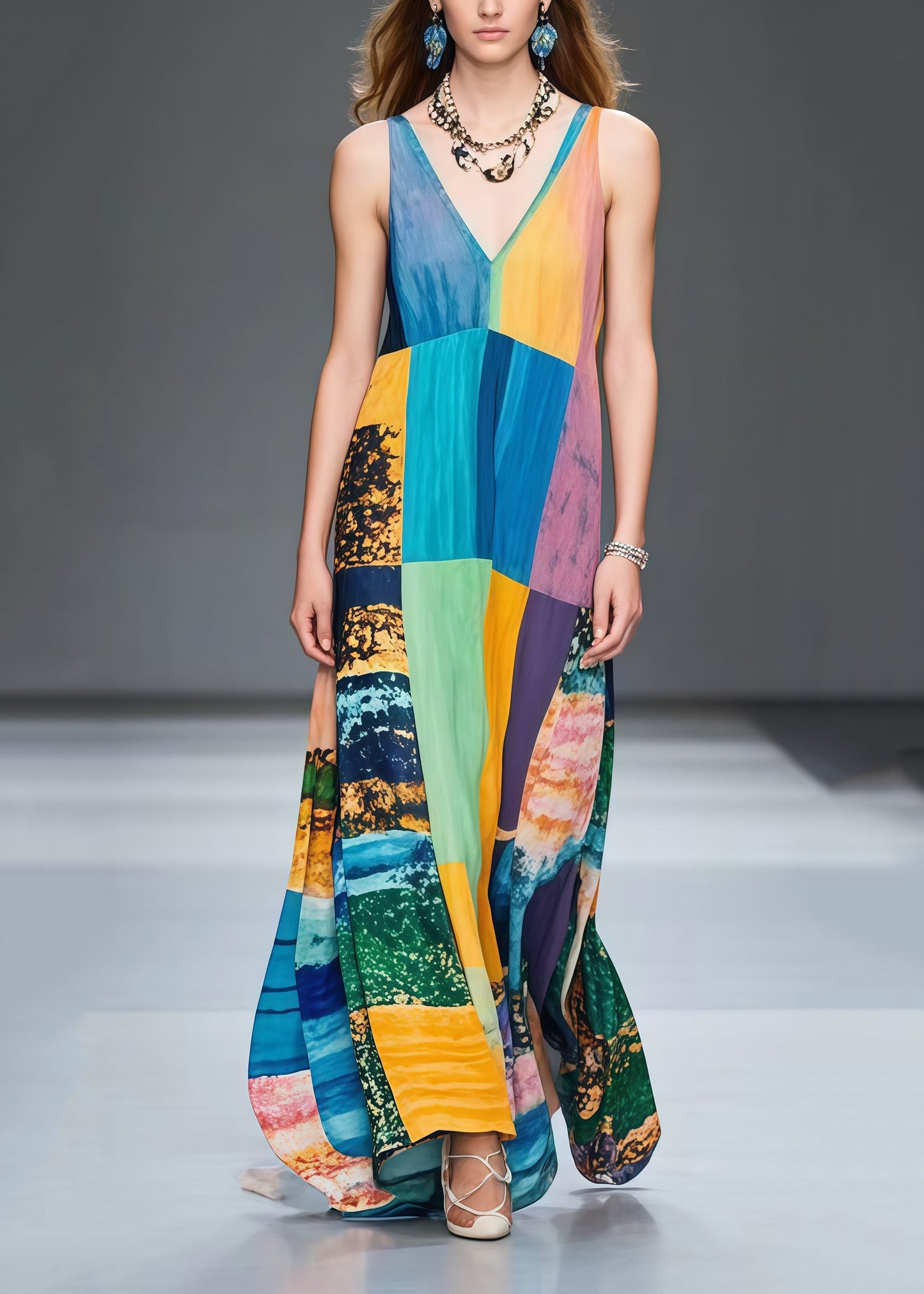 Classy Colorblock Oversized Print Cotton Long Dress Sleeveless