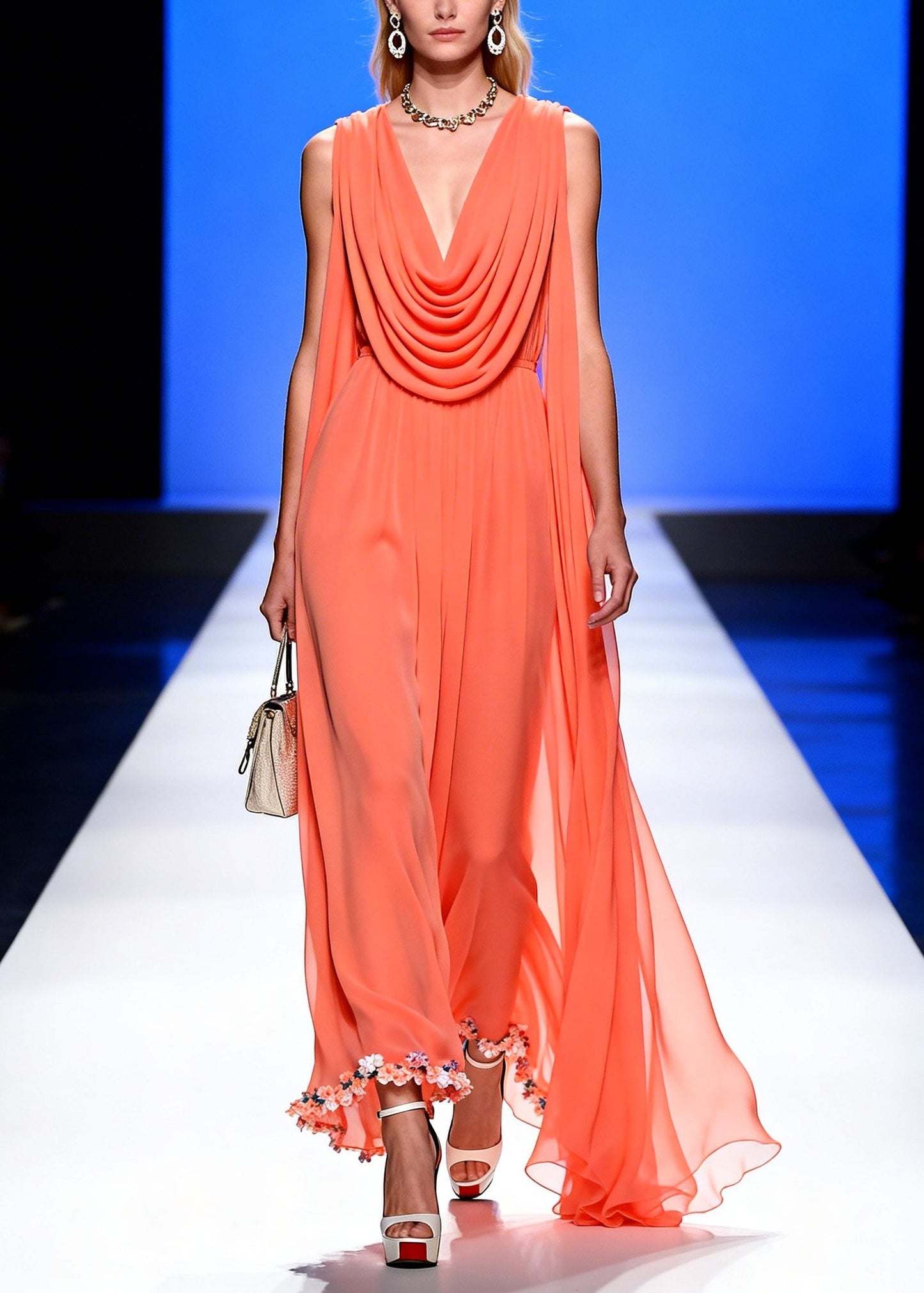 Classy Orange Turtle Neck Draping Chiffon Long Dress Summer
