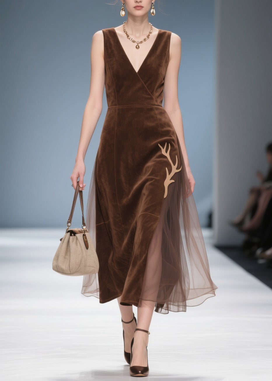 Classy V Neck Tulle Patchwork Velvet Dress Sleeveless