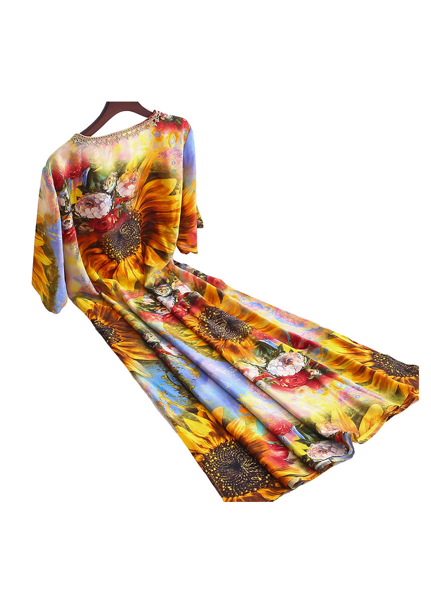 Classy Yellow the Sunflowers Print Patchwork Chiffon Dress Summer