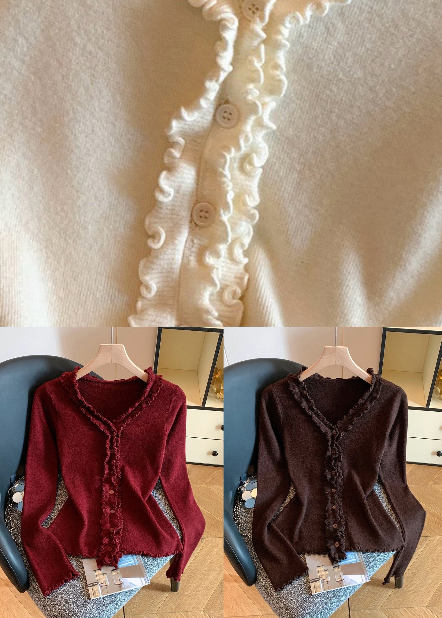 Coffee Button Knit Fall Sweater Ruffled