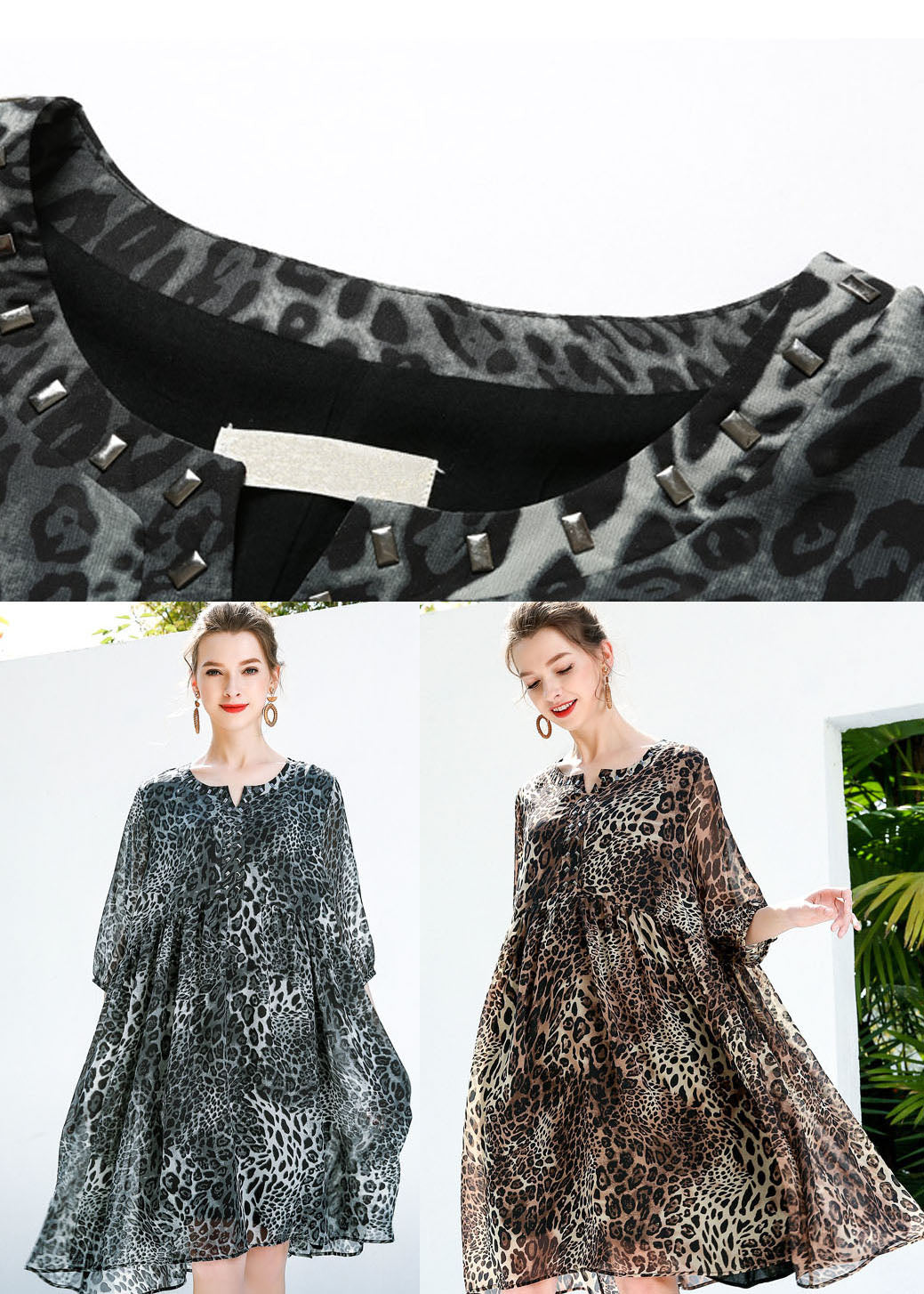 Coffee Leopard Print Chiffon Beach Dresses O-neck Rivet Summer