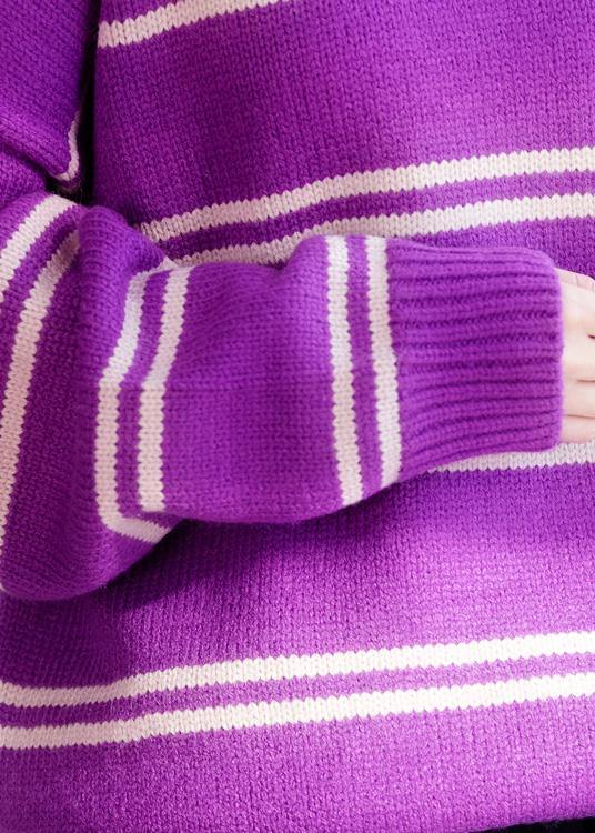 Comfy O Neck Purple Striped Knitwear Loose Fitting Thick Sweater Blouse