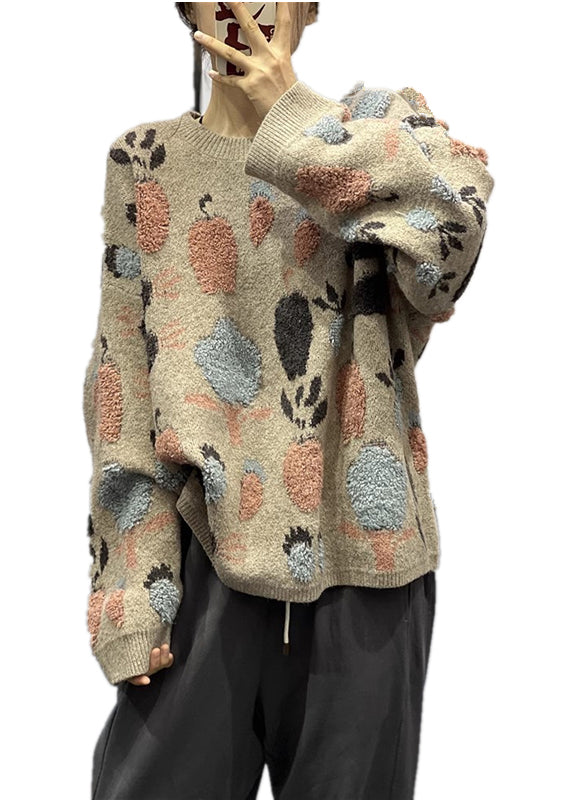Cozy Khaki O Neck Jacquard Thick Warm Knit Sweaters Winter
