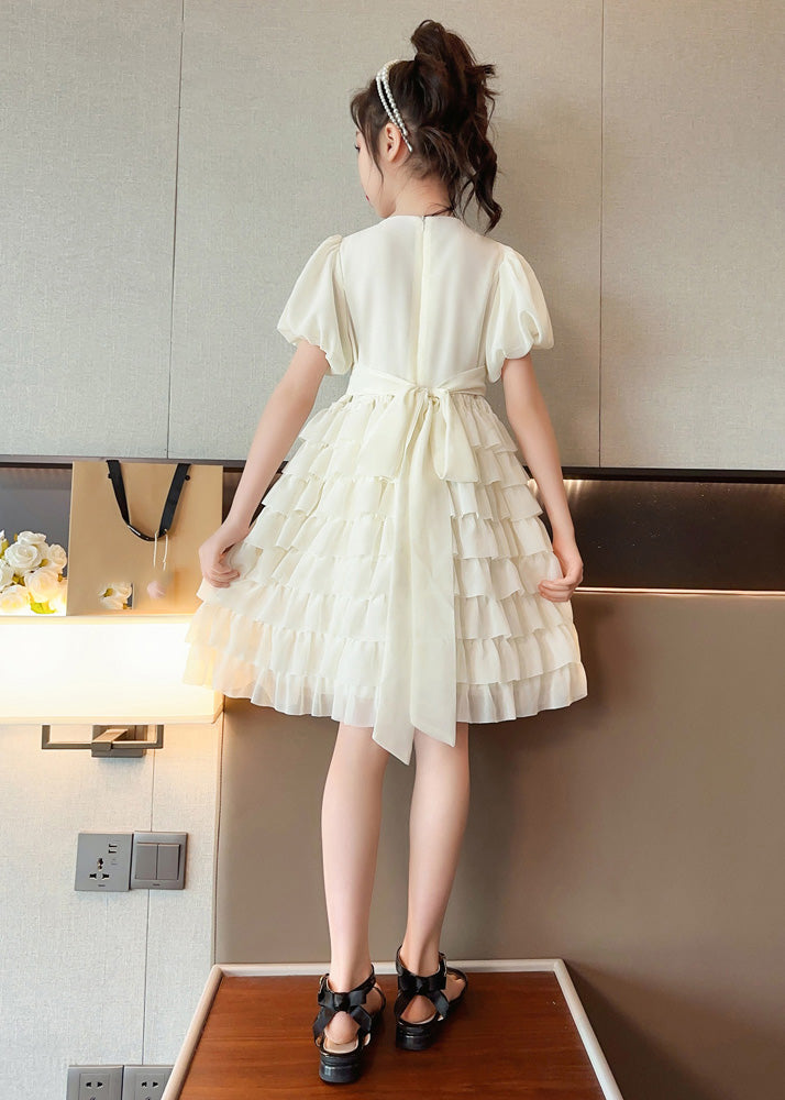 Apricot O-neck Patchwork Chiffon Layered Long Dress Short Sleeve
