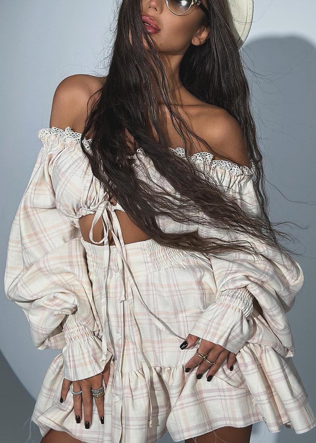 Apricot Plaid Cold Shoulder Cotton Tea Dress Summer