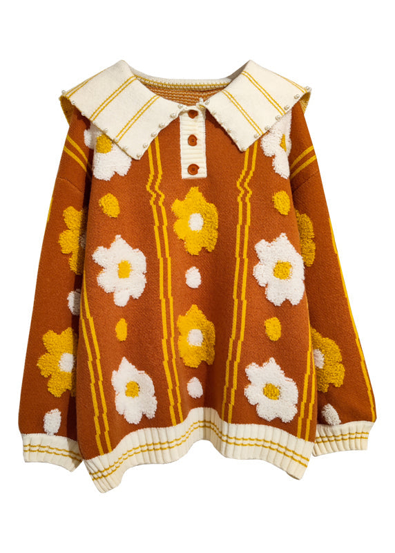 Blue Sailor Collar Jacquard Nail Bead Knitted Sweater Tops Winter