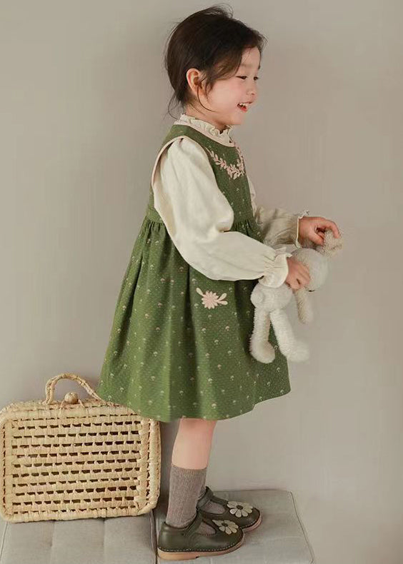 Green Embroideried Ruffled Tops and Waistcoat Dress Cotton Two Fall