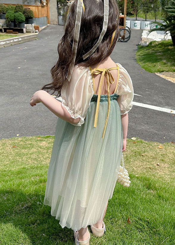 Green Ruffled Embroideried Patchwork Chiffon Kids Dresses Summer