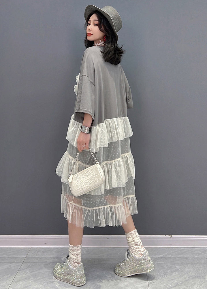 Grey O-neck Patchwork Tulle Dress Short Sleeve