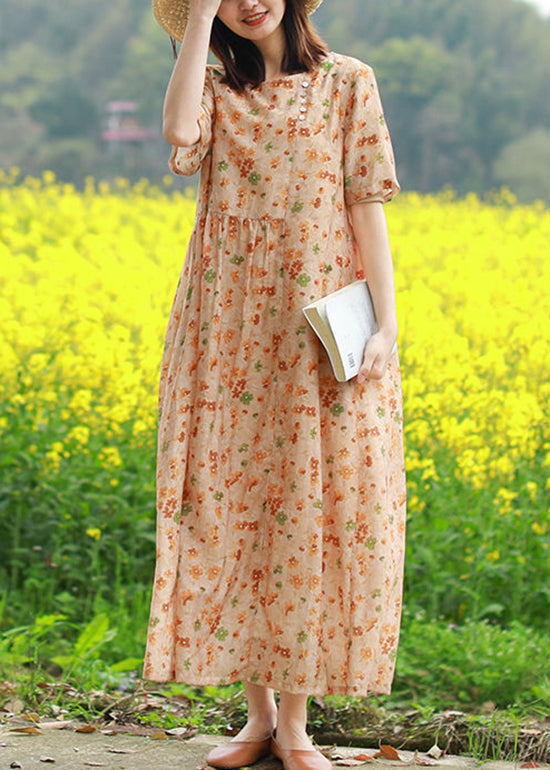 O-neck Cinched Button Print Long Dresses Short Sleeve