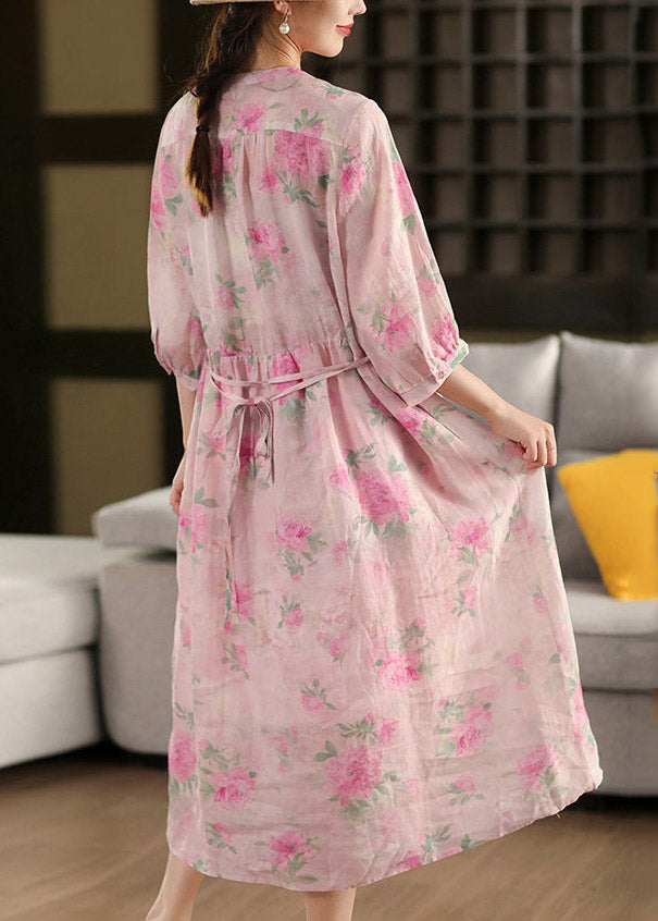 Pink O-neck Print Patchwork Linen Maxi Dress Half Sleeve