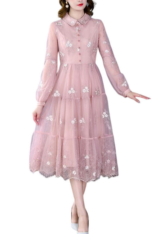 Pink Peter Pan Collar Embroidered Patchwork Button Tulle Maxi Dress Long Sleeve