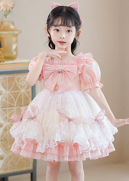 Pink Square Collar Patchwork Bow Kids Mid Dresses Short Sleeve
