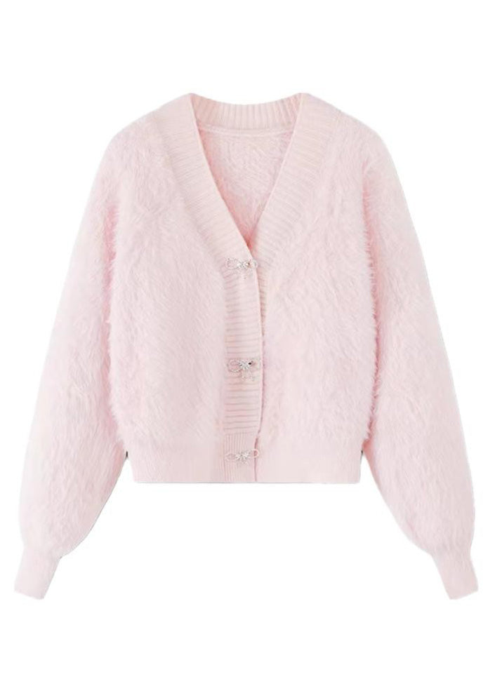 Pink V Neck Button Mink Hair Knitted Cardigan Winter
